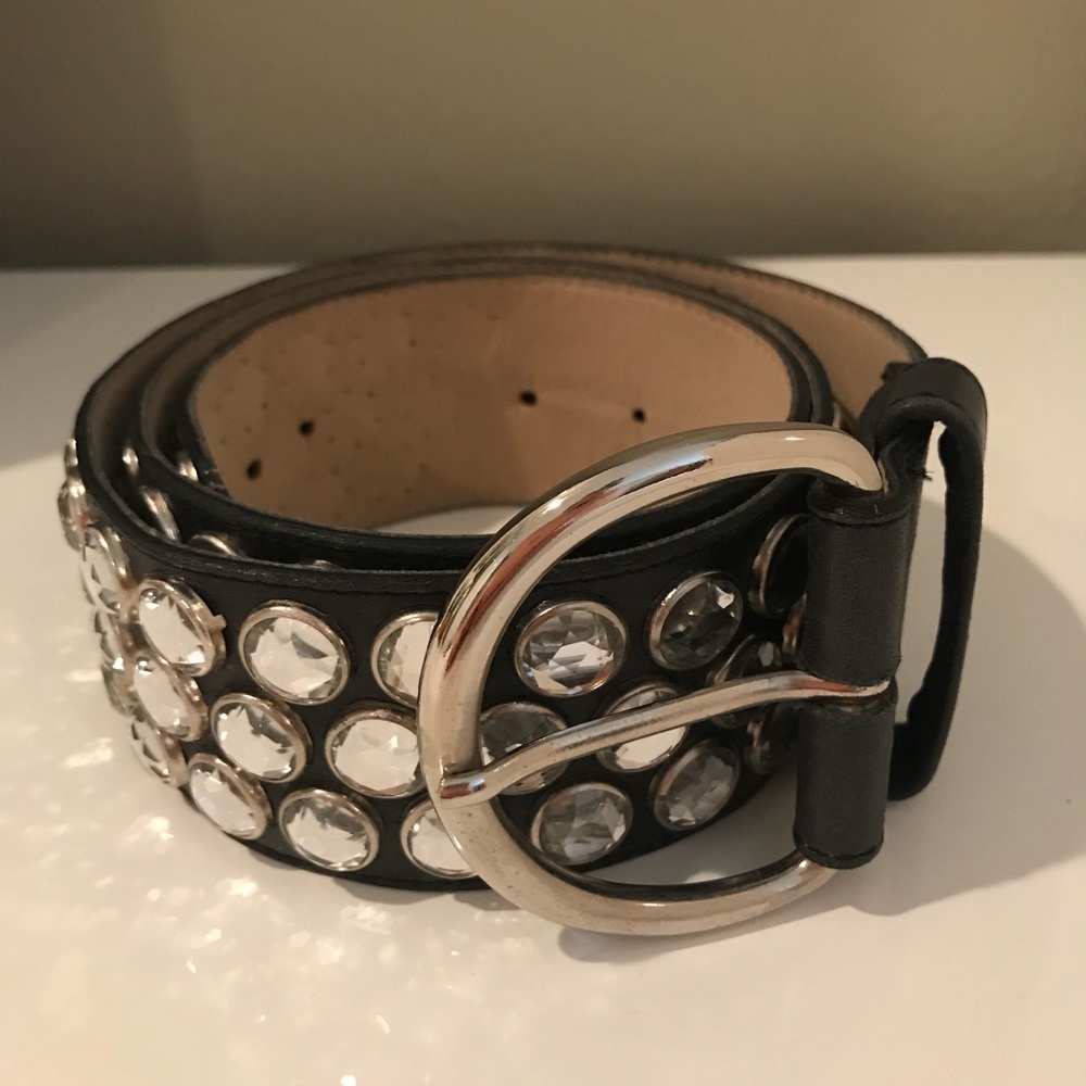Rhinestone Black Leather Belt w/ Silver Buckle (M)